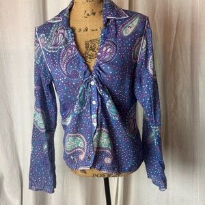 Roberta Freymann  Print Top Blue Purple Paisley Cinch Neckline Size Medium